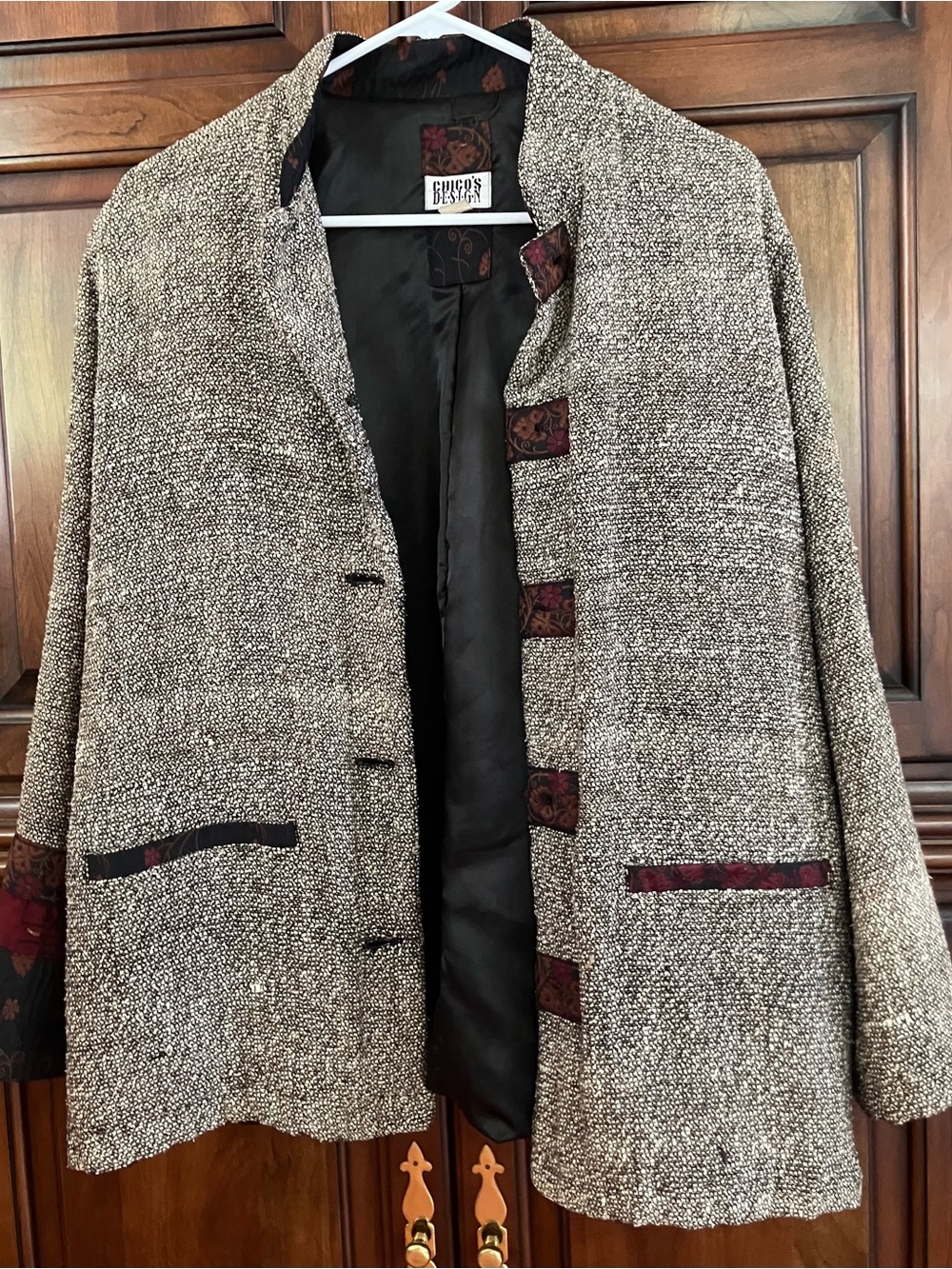 Chico's Design vintage tweed wool and silk blend Asian influence jacket